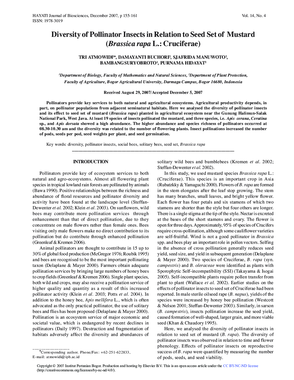 Diversity of Pollinator Insects in Relation to Seed Set of Mustard (Brassica rapa L.: Cruciferae)