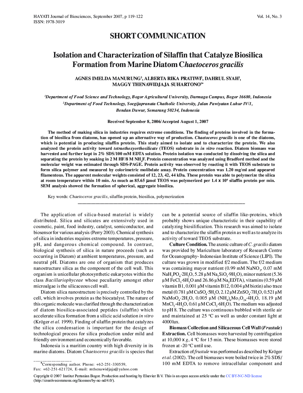 Isolation and Characterization of Silaffin that Catalyze Biosilica Formation from Marine Diatom Chaetoceros gracilis