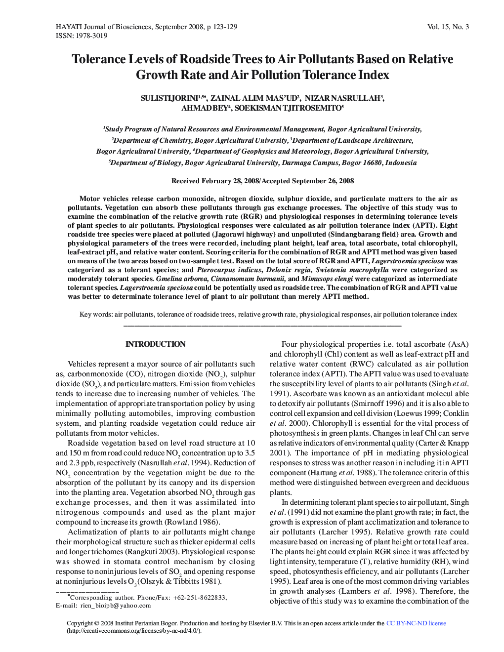 Tolerance Levels of Roadside Trees to Air Pollutants Based on Relative Growth Rate and Air Pollution Tolerance Index