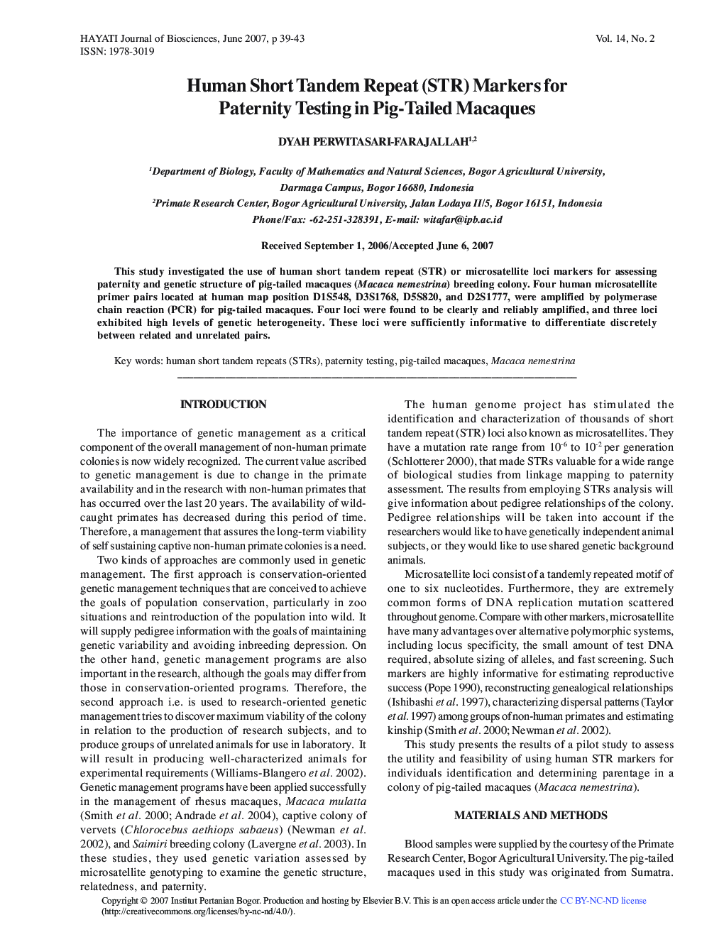 Human Short Tandem Repeat (STR) Markers for Paternity Testing in Pig-Tailed Macaques