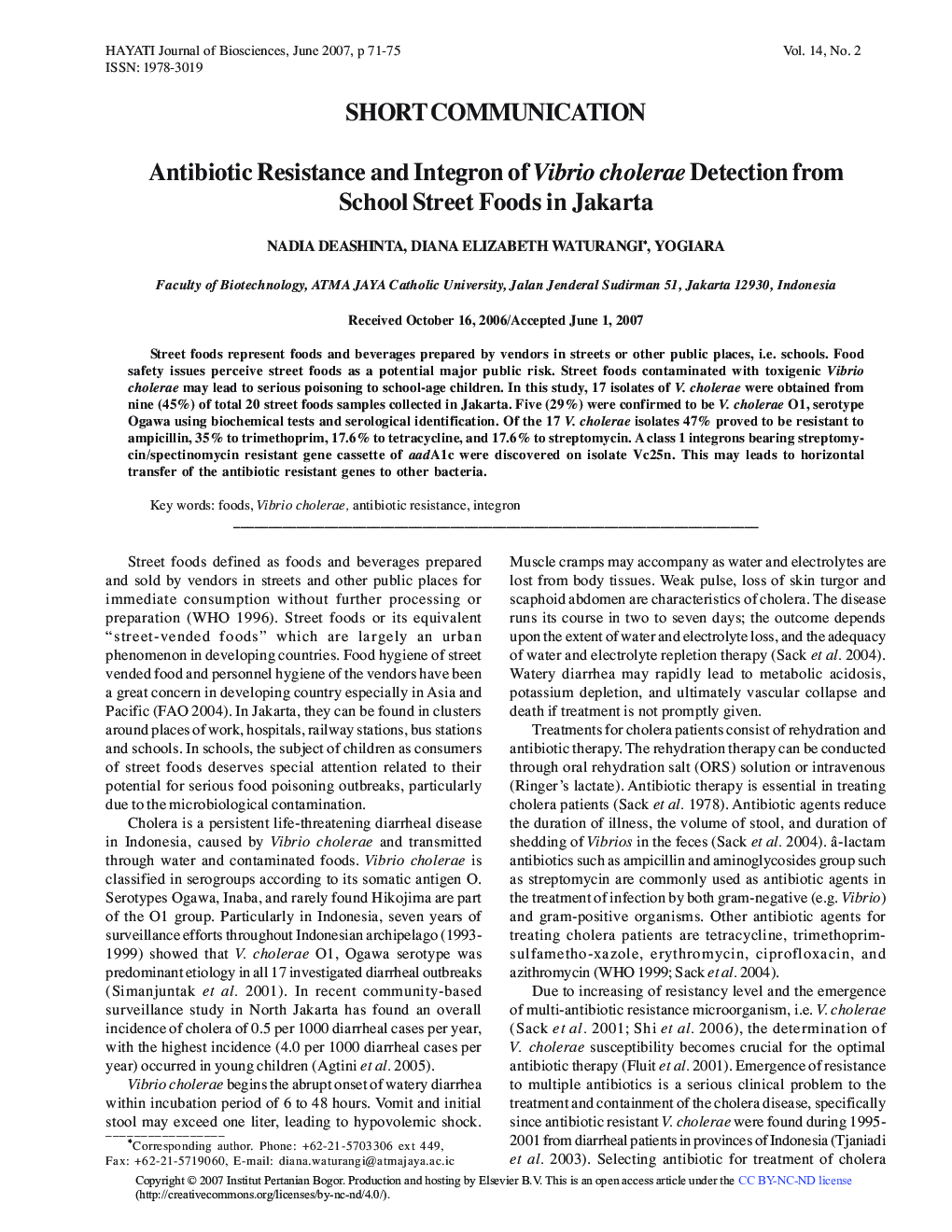 Antibiotic Resistance and Integron of Vibrio cholerae Detection from School Street Foods in Jakarta