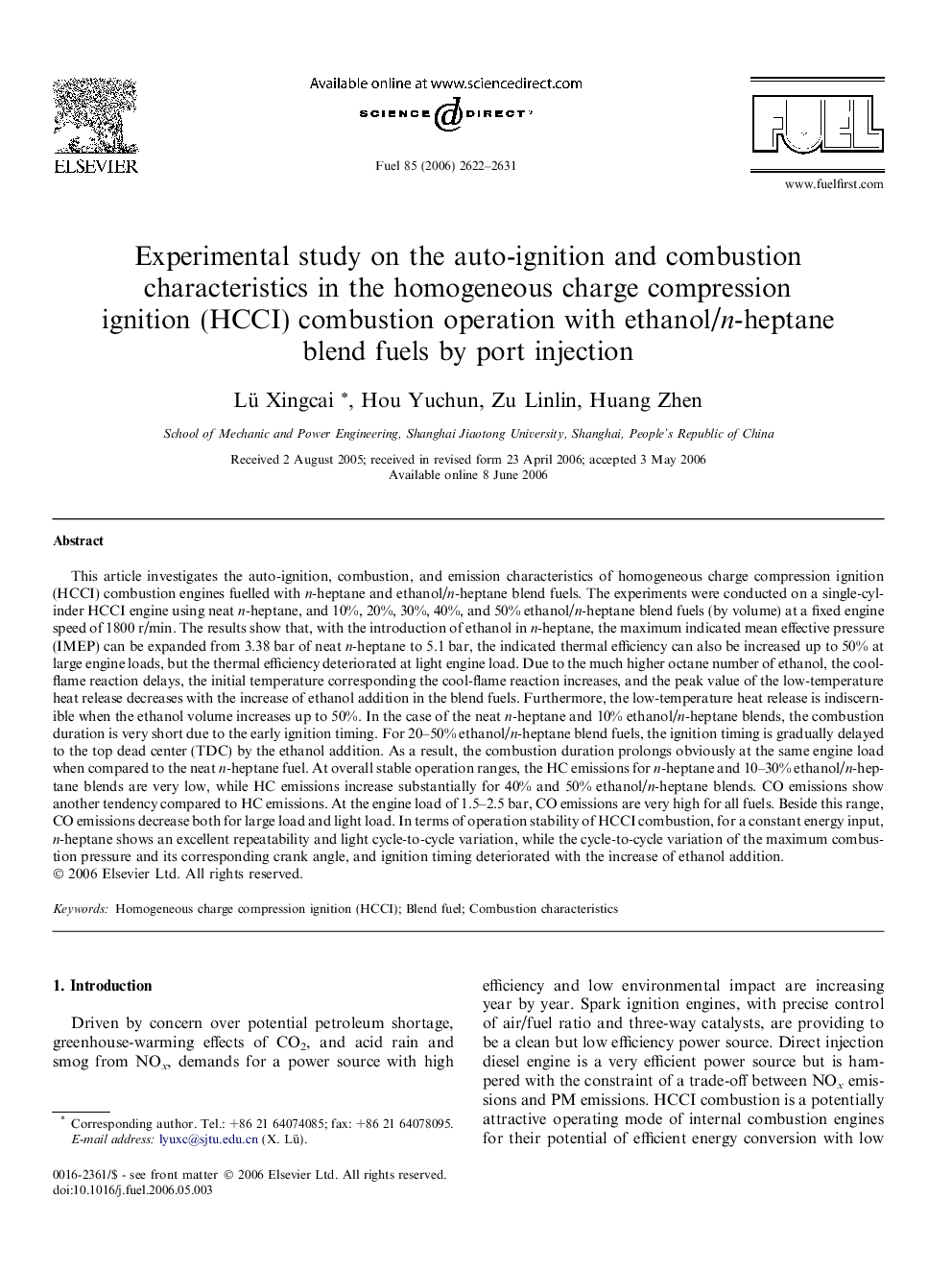 Experimental study on the auto-ignition and combustion characteristics in the homogeneous charge compression ignition (HCCI) combustion operation with ethanol/n-heptane blend fuels by port injection