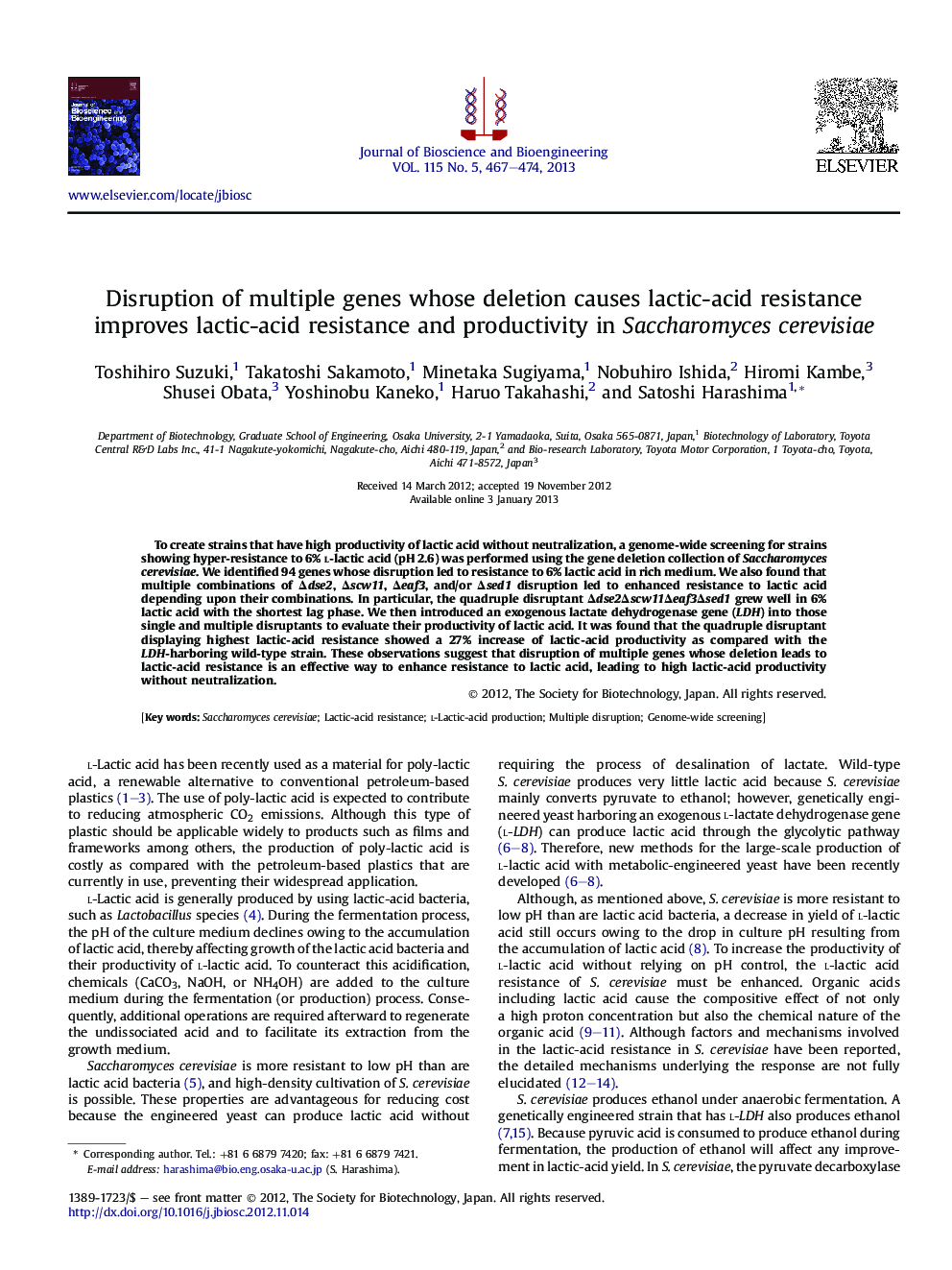 Disruption of multiple genes whose deletion causes lactic-acid resistance improves lactic-acid resistance and productivity in Saccharomyces cerevisiae