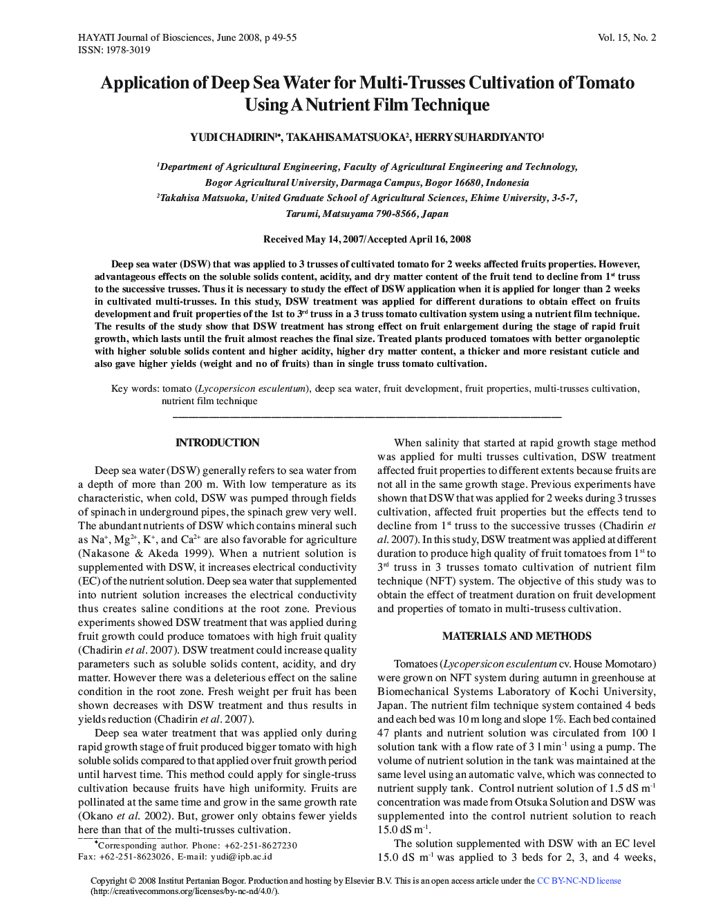 Application of Deep Sea Water for Multi-Trusses Cultivation of Tomato Using A Nutrient Film Technique