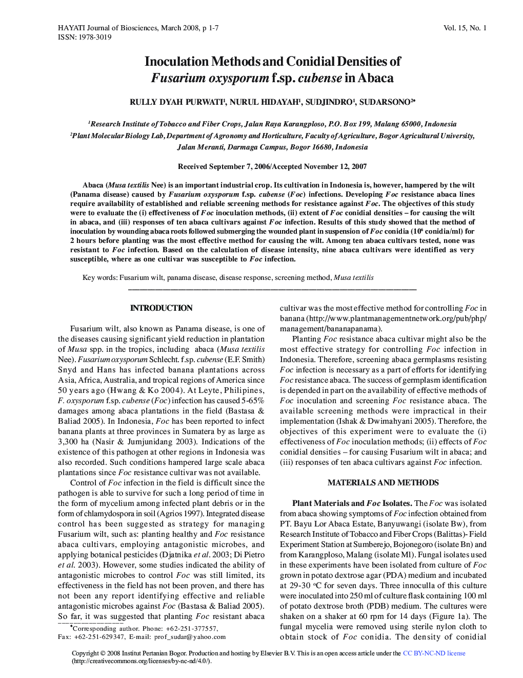 Inoculation Methods and Conidial Densities of Fusarium oxysporum f.sp. cubense in Abaca