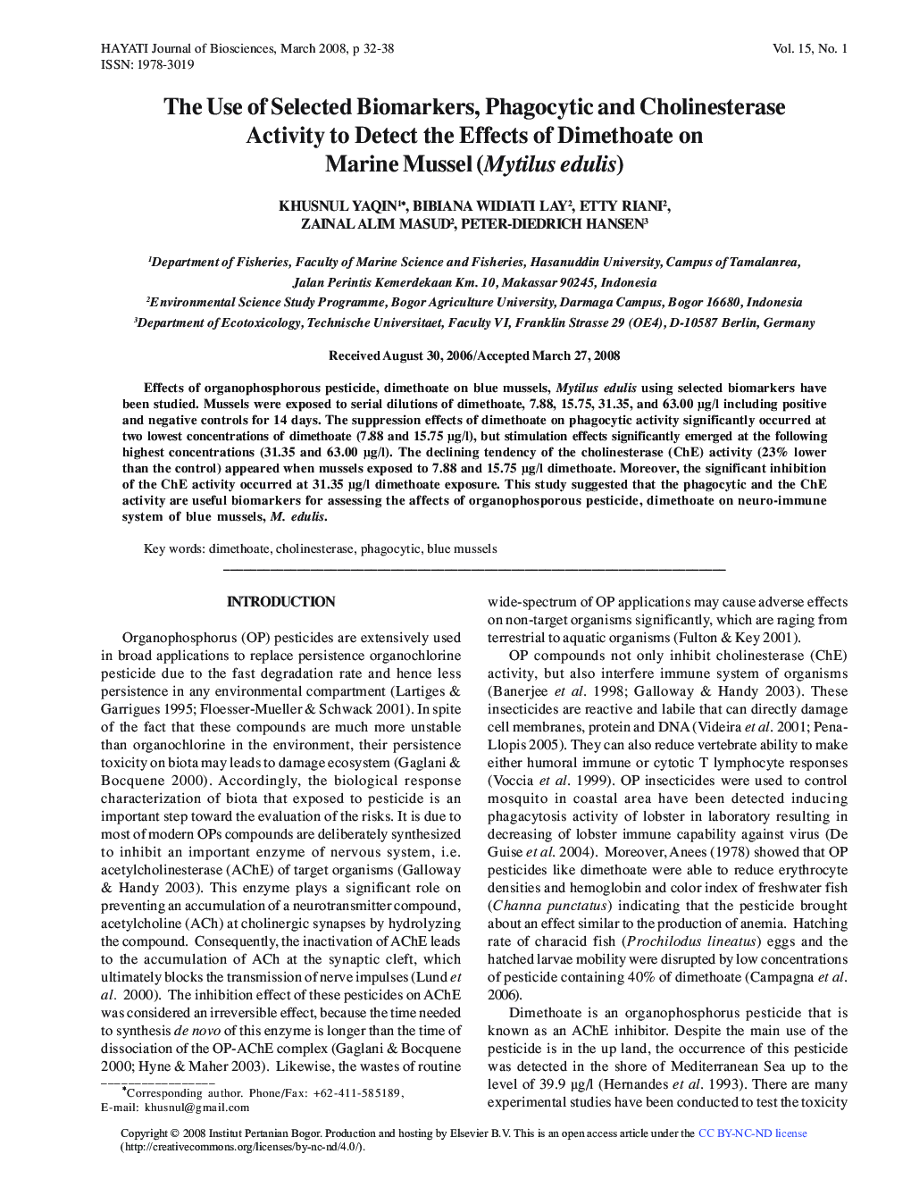 The Use of Selected Biomarkers, Phagocytic and Cholinesterase Activity to Detect the Effects of Dimethoate on Marine Mussel (Mytilus edulis)