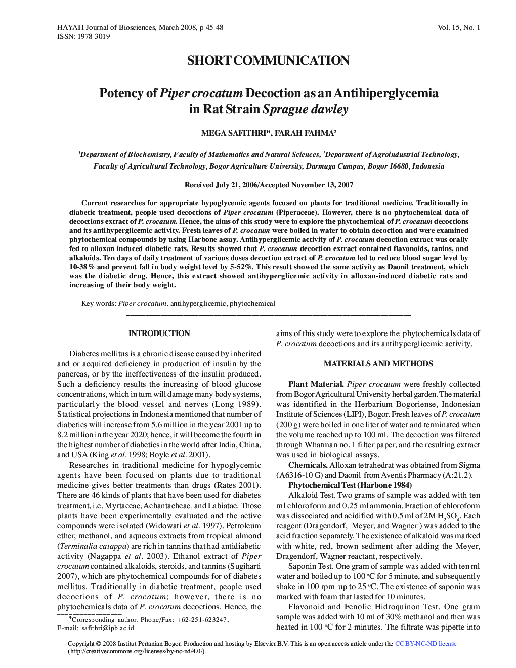 Potency of Piper crocatum Decoction as an Antihiperglycemia in Rat Strain Sprague dawley