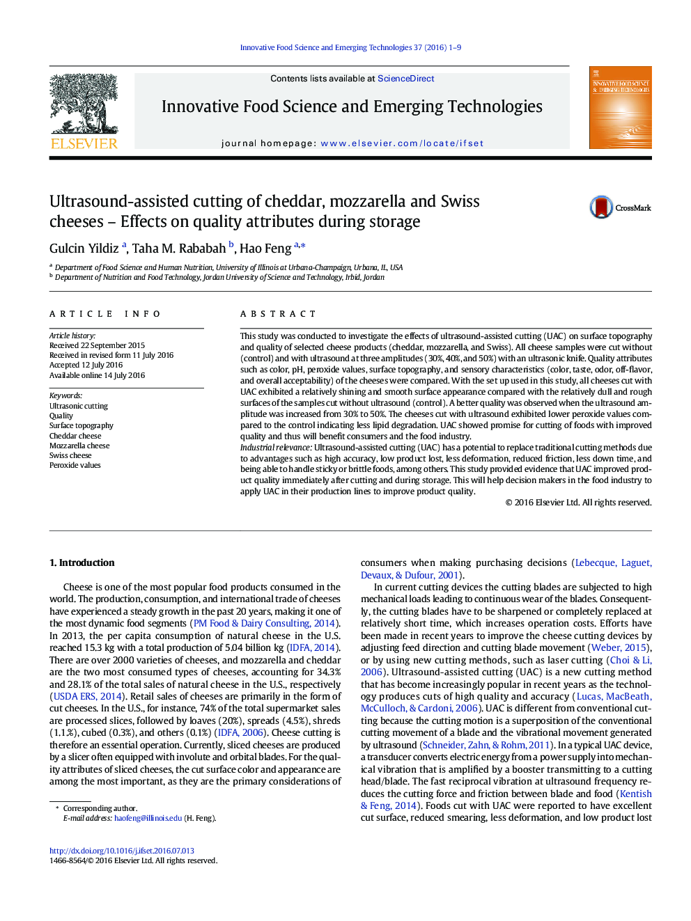 Ultrasound-assisted cutting of cheddar, mozzarella and Swiss cheeses – Effects on quality attributes during storage