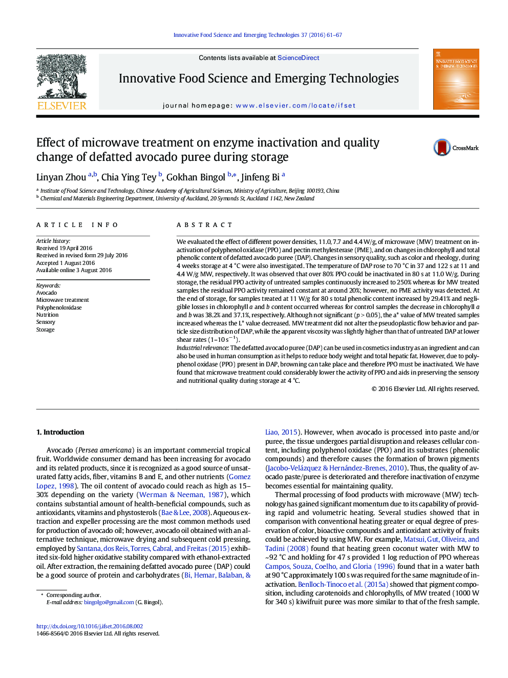 Effect of microwave treatment on enzyme inactivation and quality change of defatted avocado puree during storage