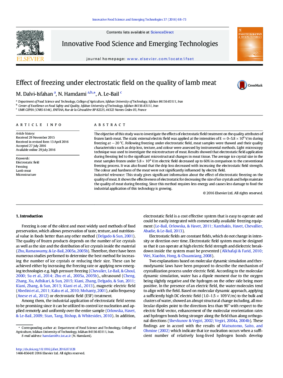 Effect of freezing under electrostatic field on the quality of lamb meat