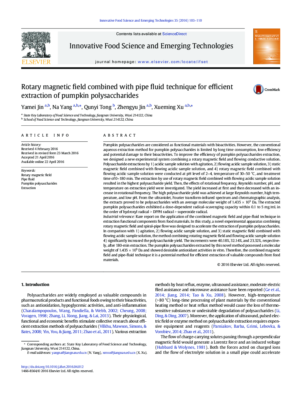 Rotary magnetic field combined with pipe fluid technique for efficient extraction of pumpkin polysaccharides