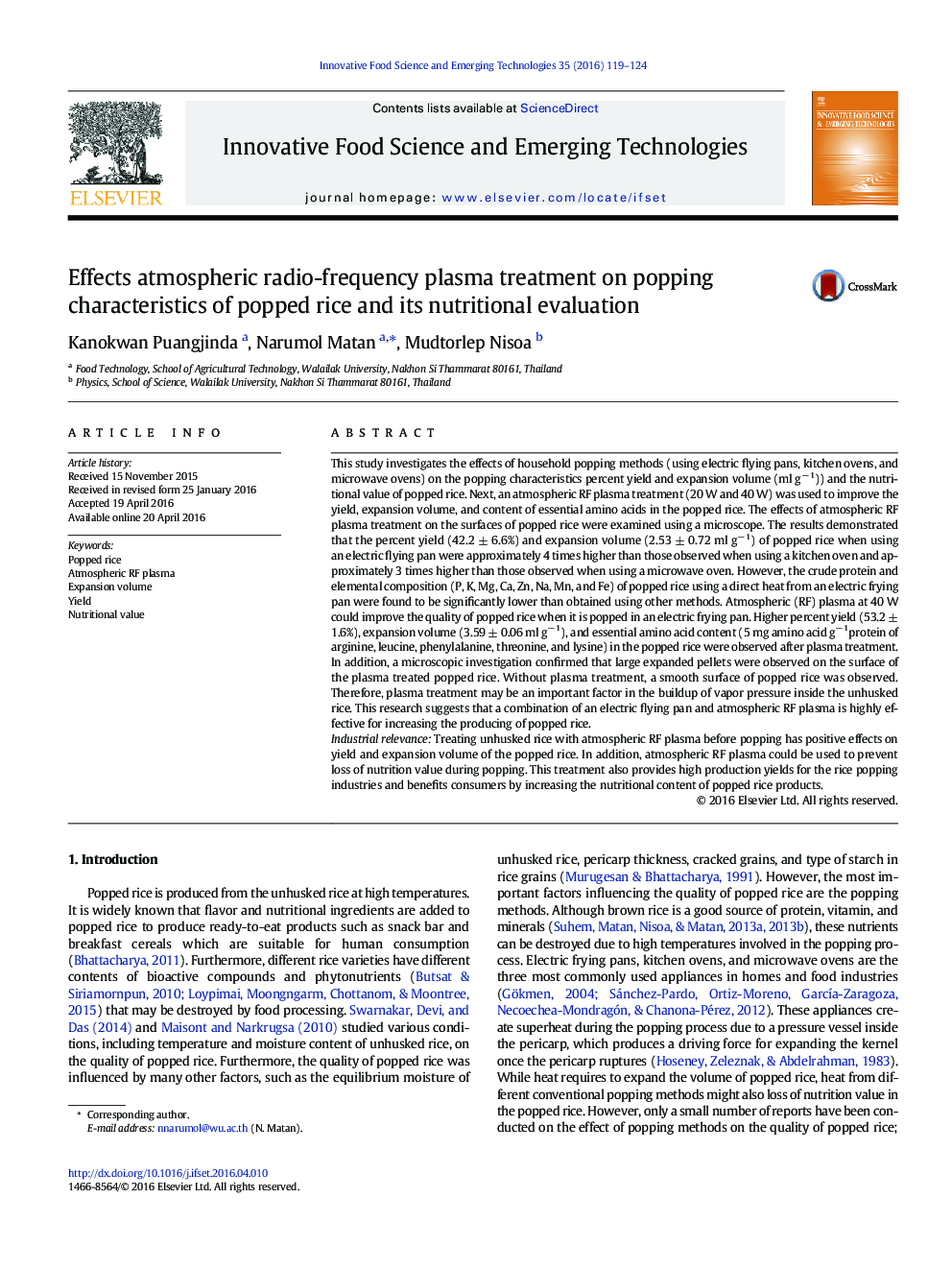 Effects atmospheric radio-frequency plasma treatment on popping characteristics of popped rice and its nutritional evaluation