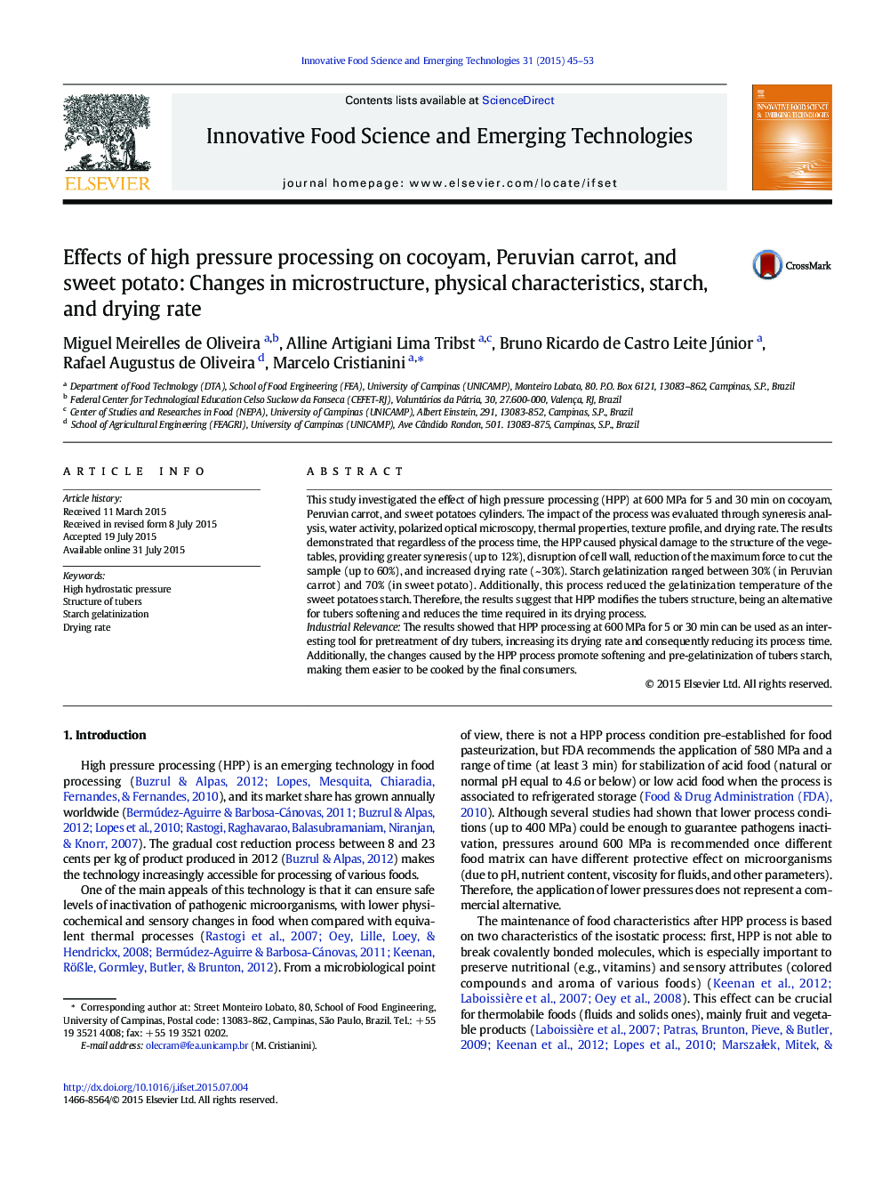 Effects of high pressure processing on cocoyam, Peruvian carrot, and sweet potato: Changes in microstructure, physical characteristics, starch, and drying rate