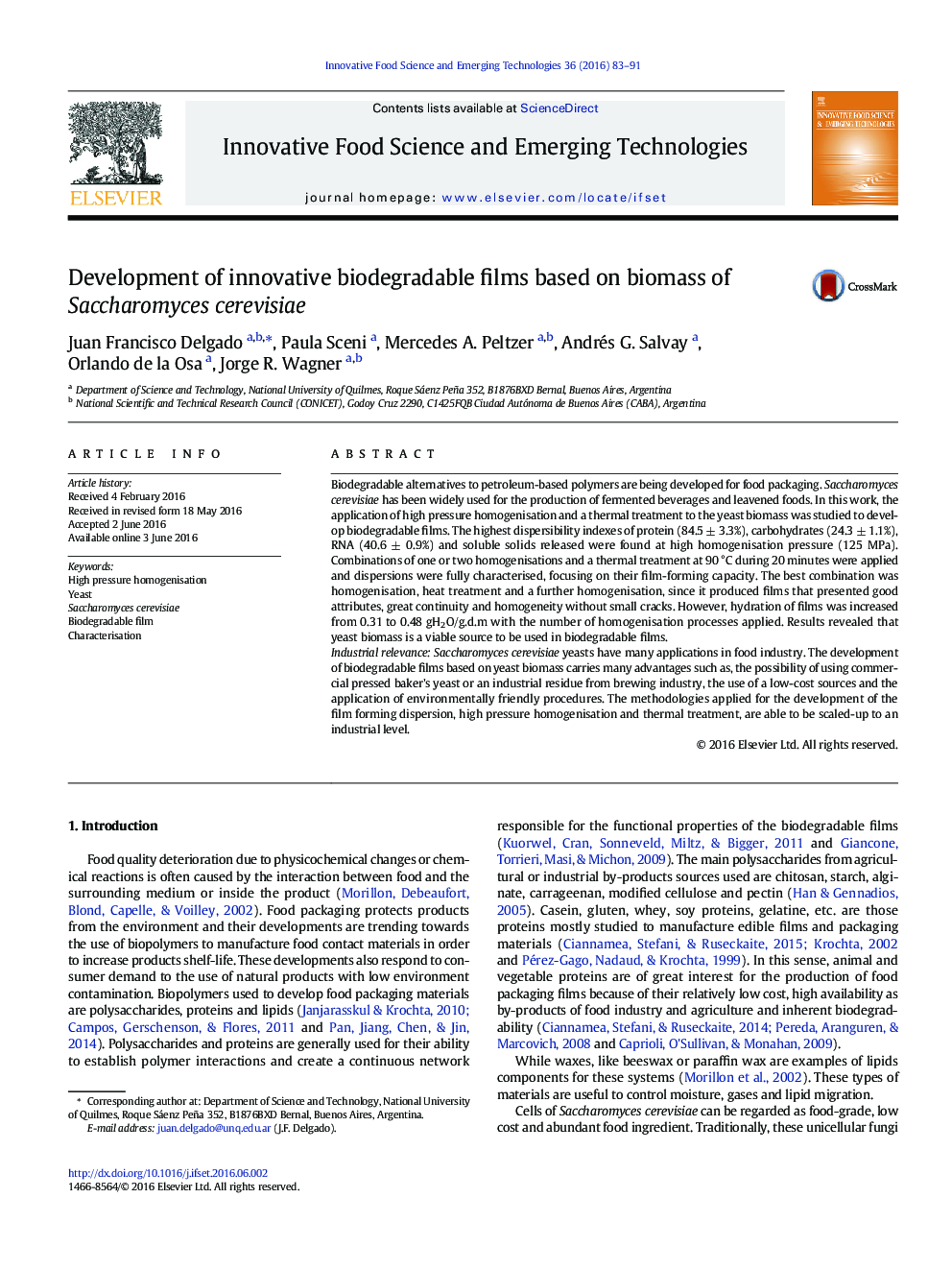 Development of innovative biodegradable films based on biomass of Saccharomyces cerevisiae