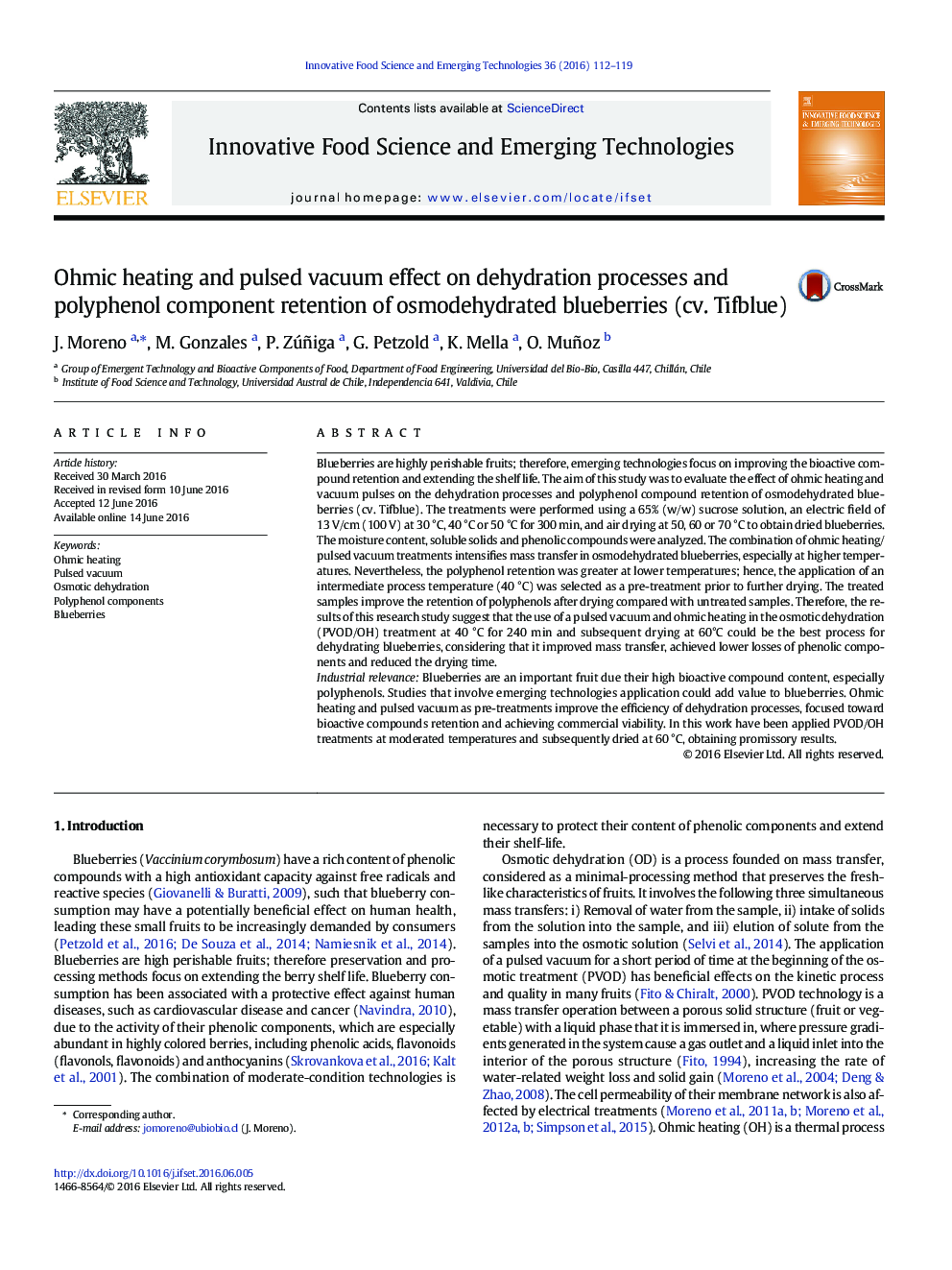 Ohmic heating and pulsed vacuum effect on dehydration processes and polyphenol component retention of osmodehydrated blueberries (cv. Tifblue)