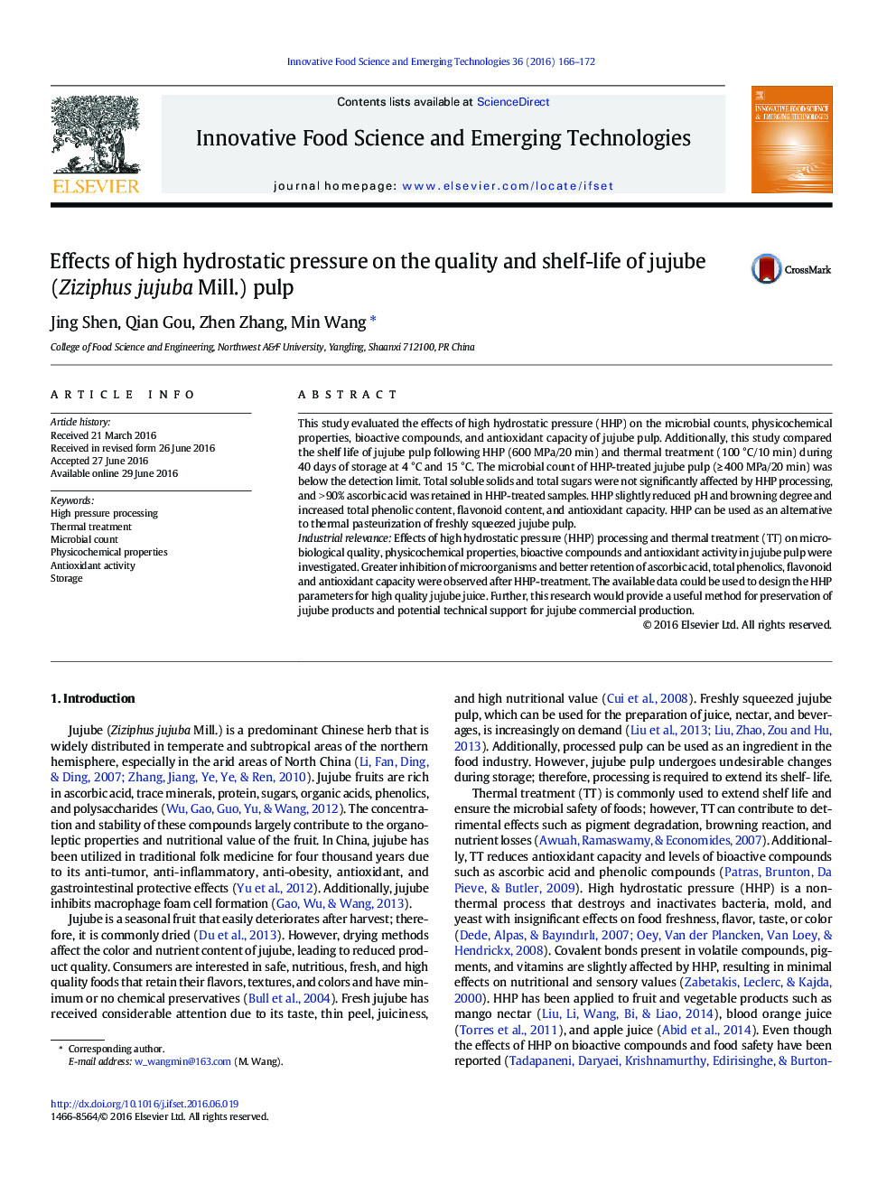 Effects of high hydrostatic pressure on the quality and shelf-life of jujube (Ziziphus jujuba Mill.) pulp