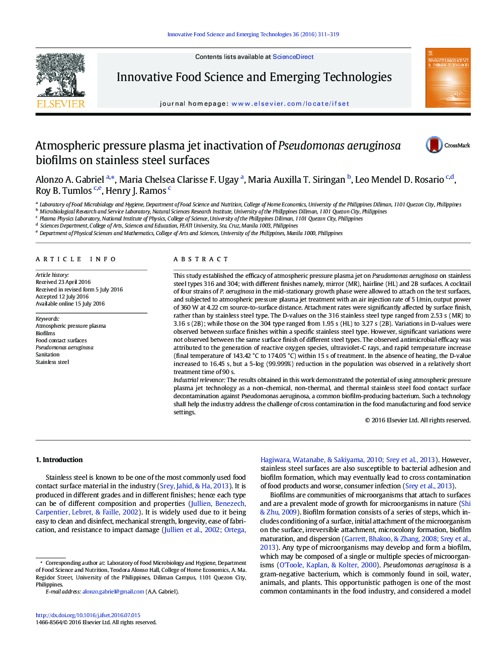 Atmospheric pressure plasma jet inactivation of Pseudomonas aeruginosa biofilms on stainless steel surfaces