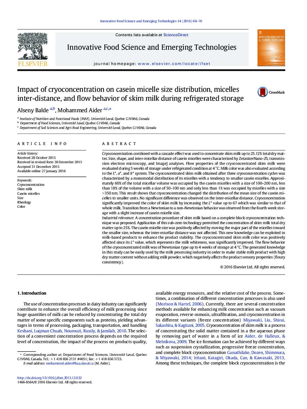 Impact of cryoconcentration on casein micelle size distribution, micelles inter-distance, and flow behavior of skim milk during refrigerated storage