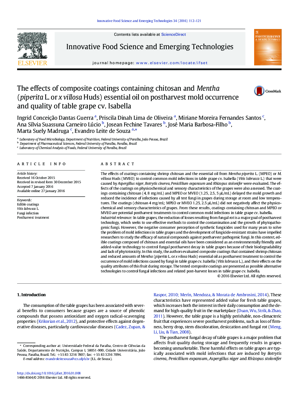 The effects of composite coatings containing chitosan and Mentha (piperita L. or x villosa Huds) essential oil on postharvest mold occurrence and quality of table grape cv. Isabella