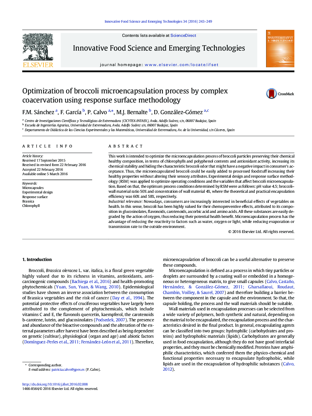 Optimization of broccoli microencapsulation process by complex coacervation using response surface methodology