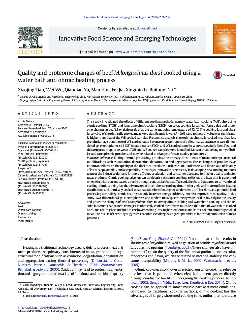 Quality and proteome changes of beef M.longissimus dorsi cooked using a water bath and ohmic heating process