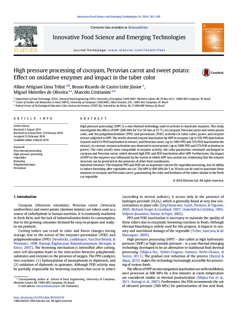 High pressure processing of cocoyam, Peruvian carrot and sweet potato: Effect on oxidative enzymes and impact in the tuber color