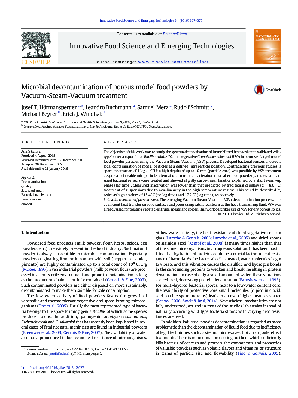 Microbial decontamination of porous model food powders by Vacuum-Steam-Vacuum treatment