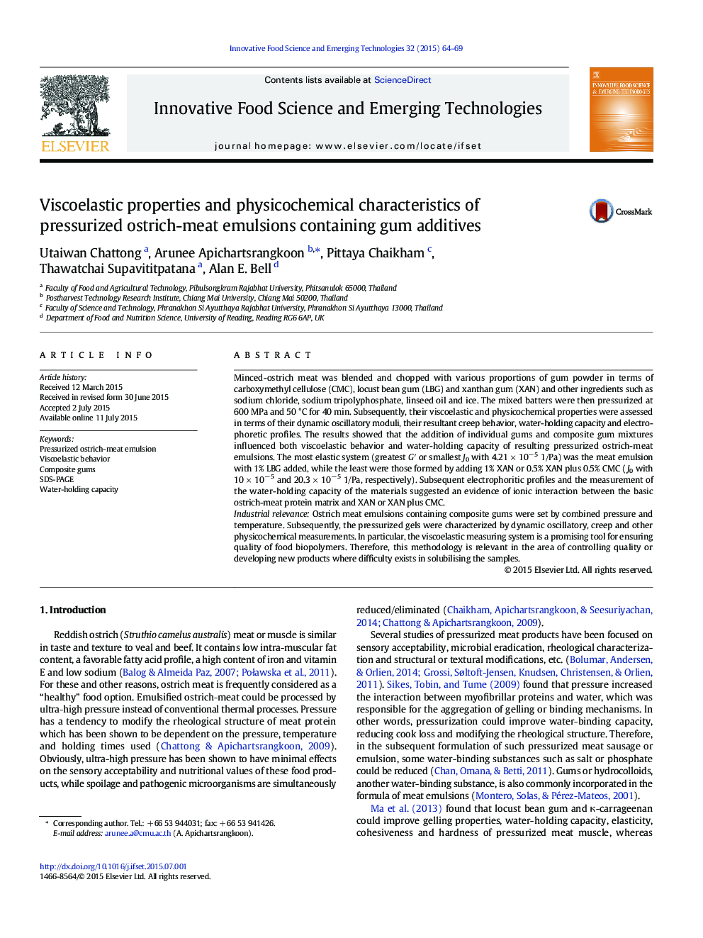 Viscoelastic properties and physicochemical characteristics of pressurized ostrich-meat emulsions containing gum additives