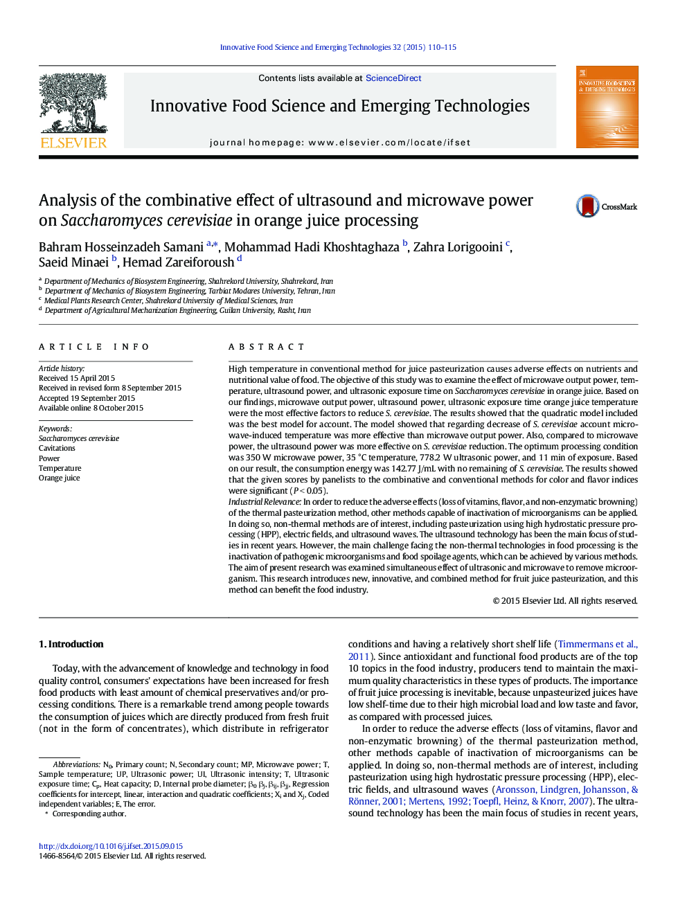 Analysis of the combinative effect of ultrasound and microwave power on Saccharomyces cerevisiae in orange juice processing