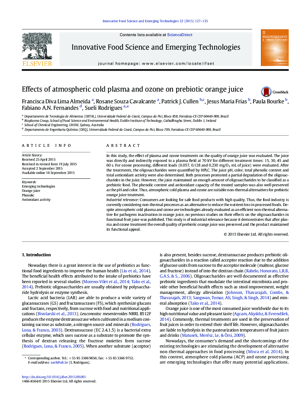 Effects of atmospheric cold plasma and ozone on prebiotic orange juice