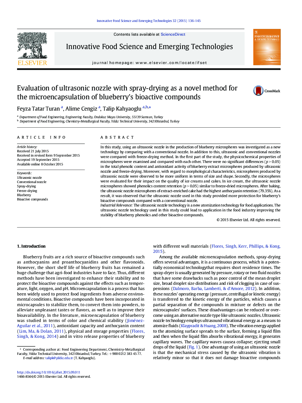 Evaluation of ultrasonic nozzle with spray-drying as a novel method for the microencapsulation of blueberry's bioactive compounds