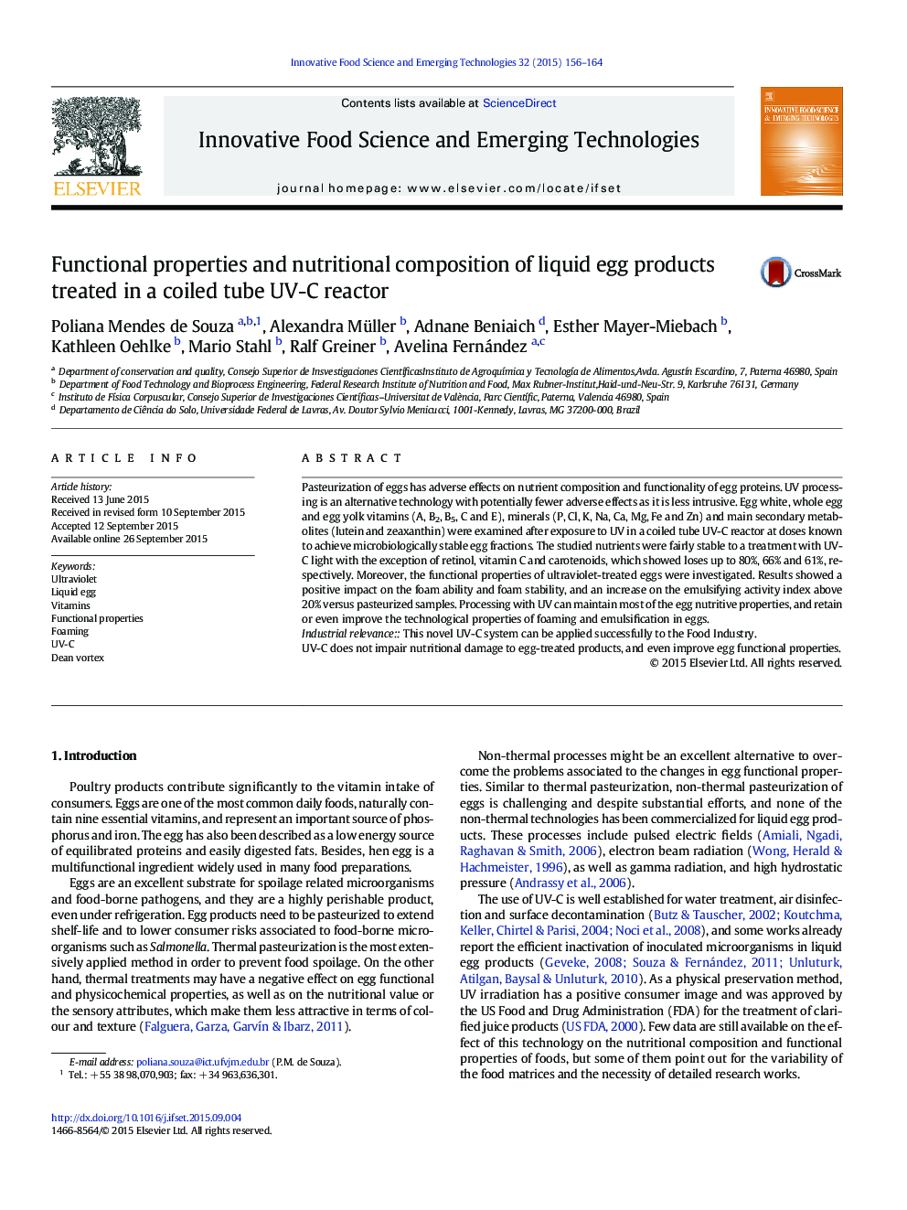 Functional properties and nutritional composition of liquid egg products treated in a coiled tube UV-C reactor