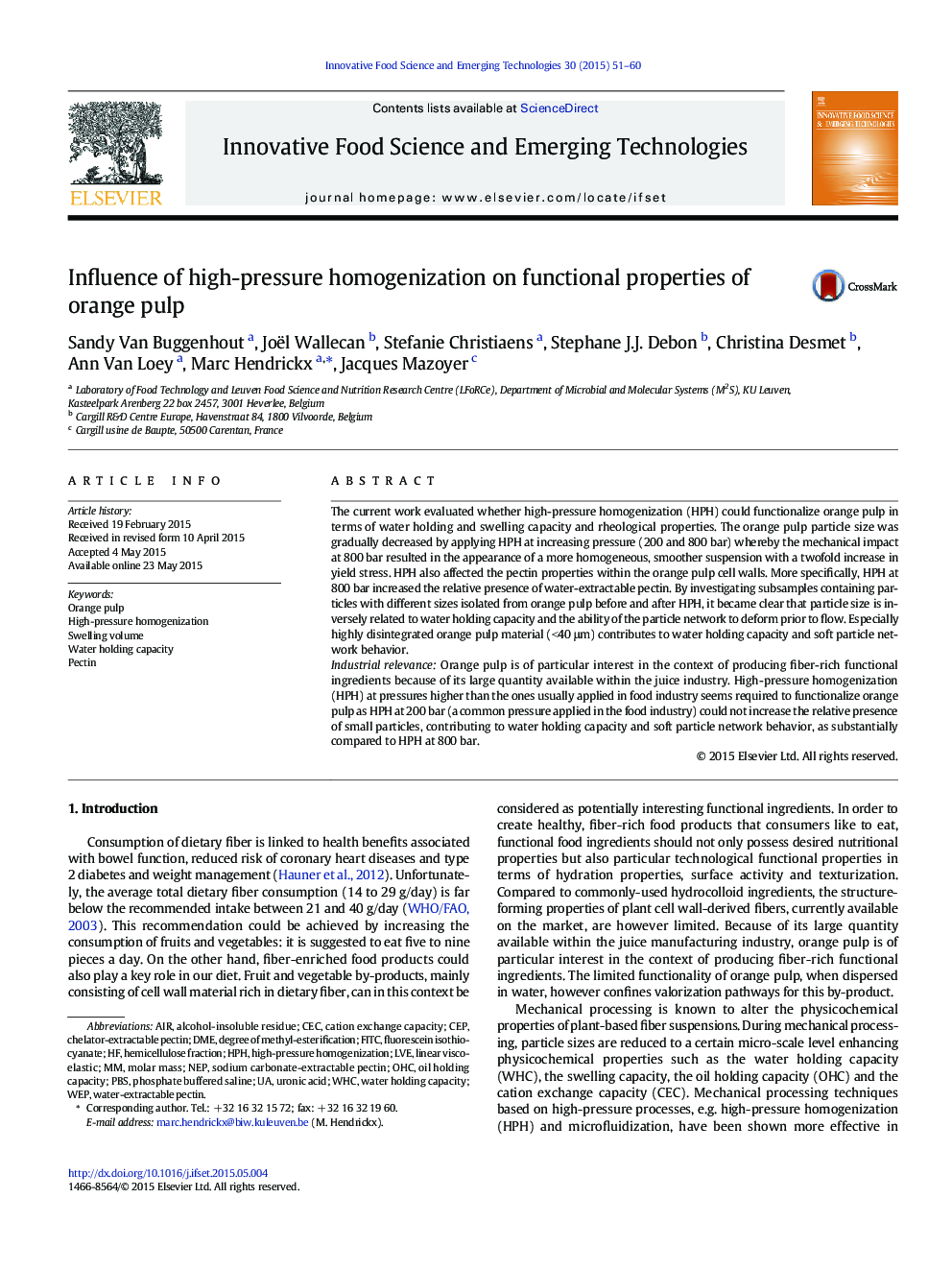 Influence of high-pressure homogenization on functional properties of orange pulp