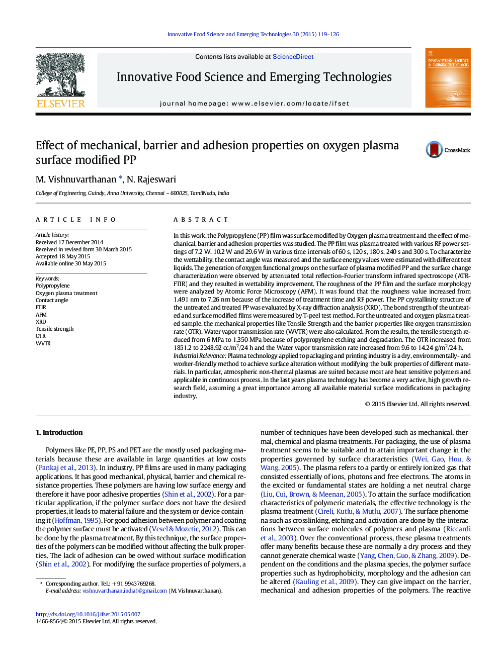 Effect of mechanical, barrier and adhesion properties on oxygen plasma surface modified PP