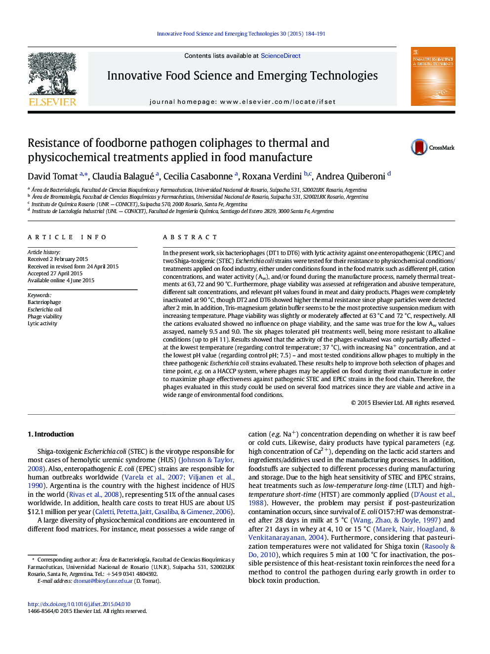 Resistance of foodborne pathogen coliphages to thermal and physicochemical treatments applied in food manufacture