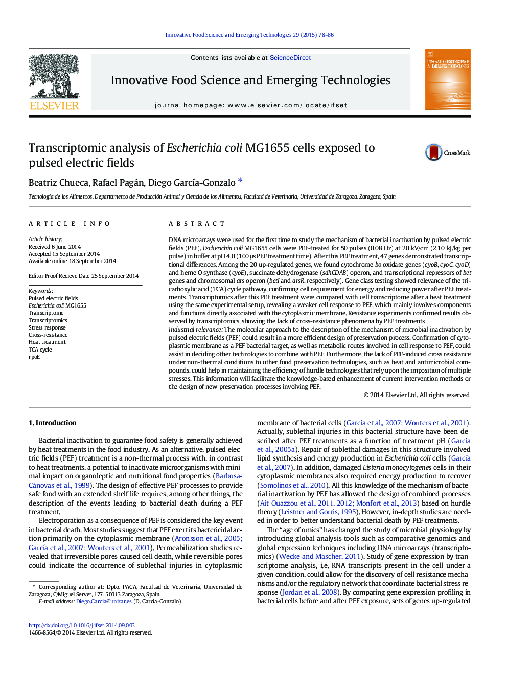 Transcriptomic analysis of Escherichia coli MG1655 cells exposed to pulsed electric fields