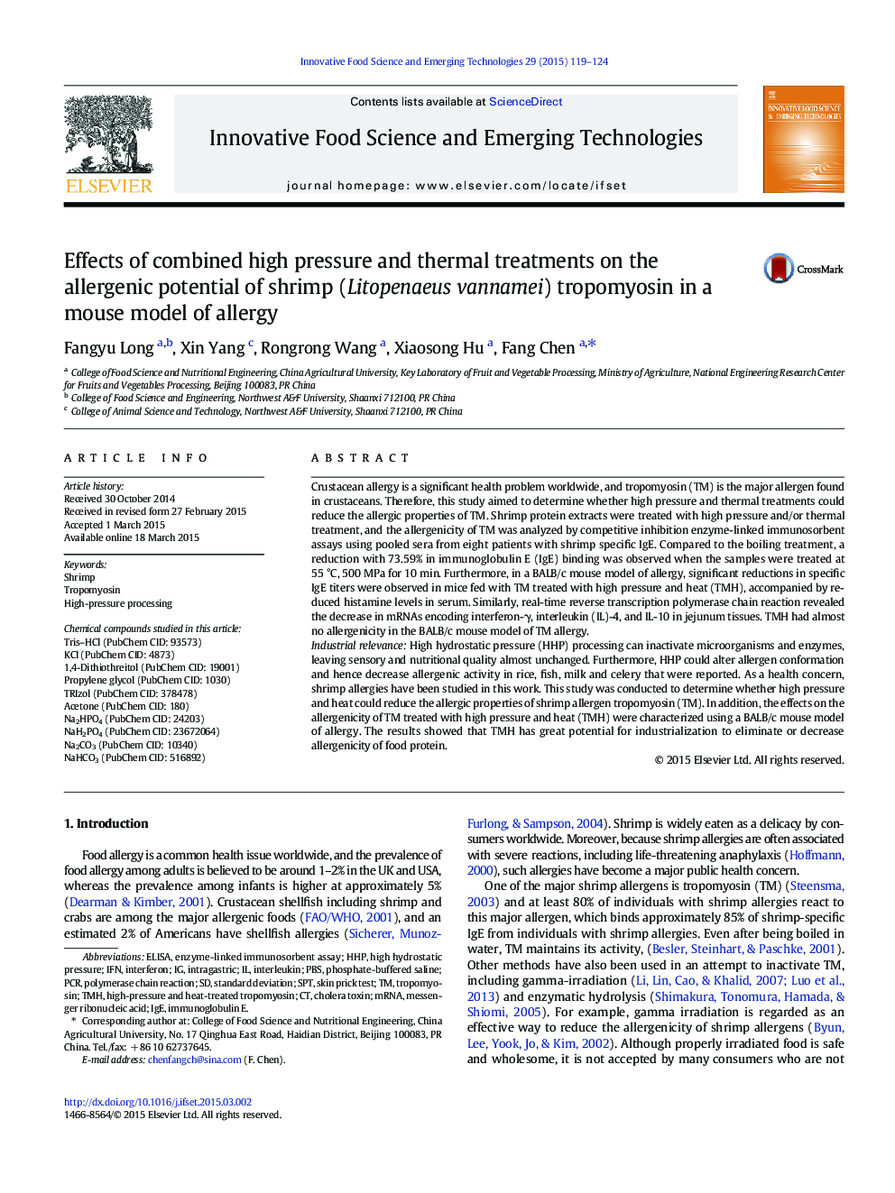 Effects of combined high pressure and thermal treatments on the allergenic potential of shrimp (Litopenaeus vannamei) tropomyosin in a mouse model of allergy