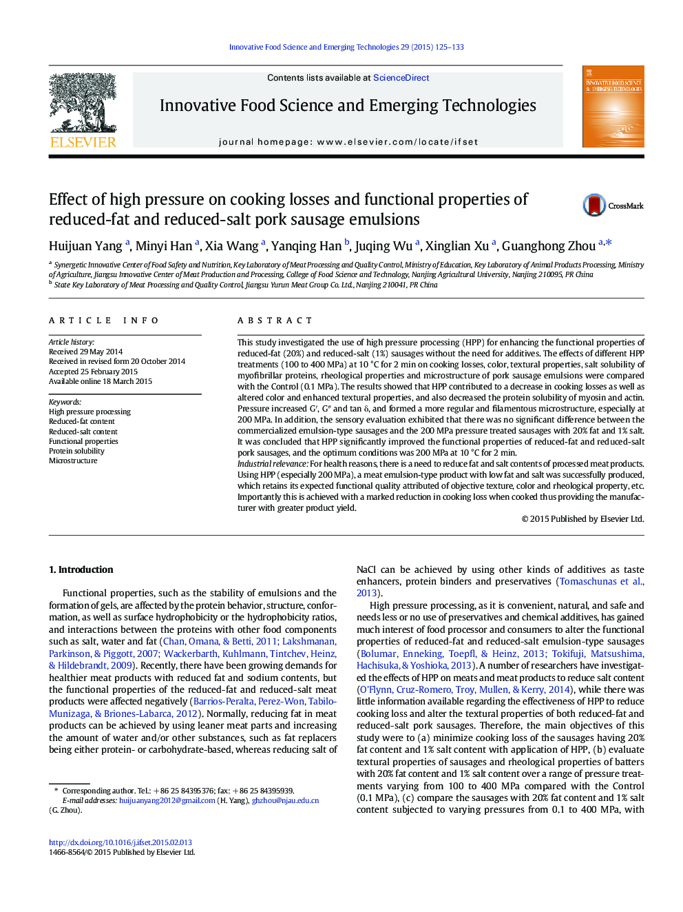 Effect of high pressure on cooking losses and functional properties of reduced-fat and reduced-salt pork sausage emulsions