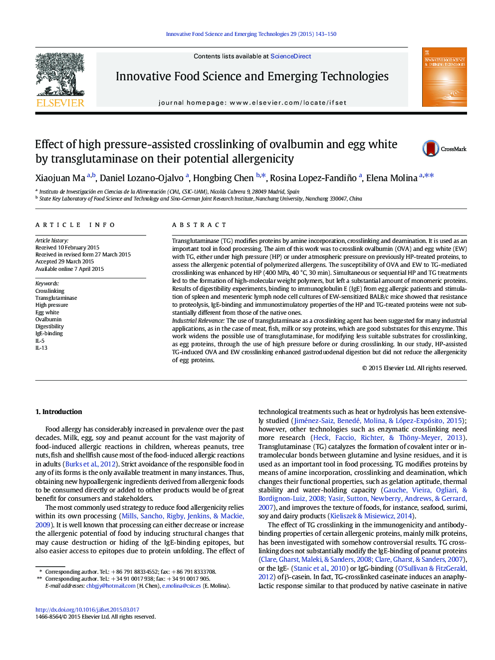 Effect of high pressure-assisted crosslinking of ovalbumin and egg white by transglutaminase on their potential allergenicity