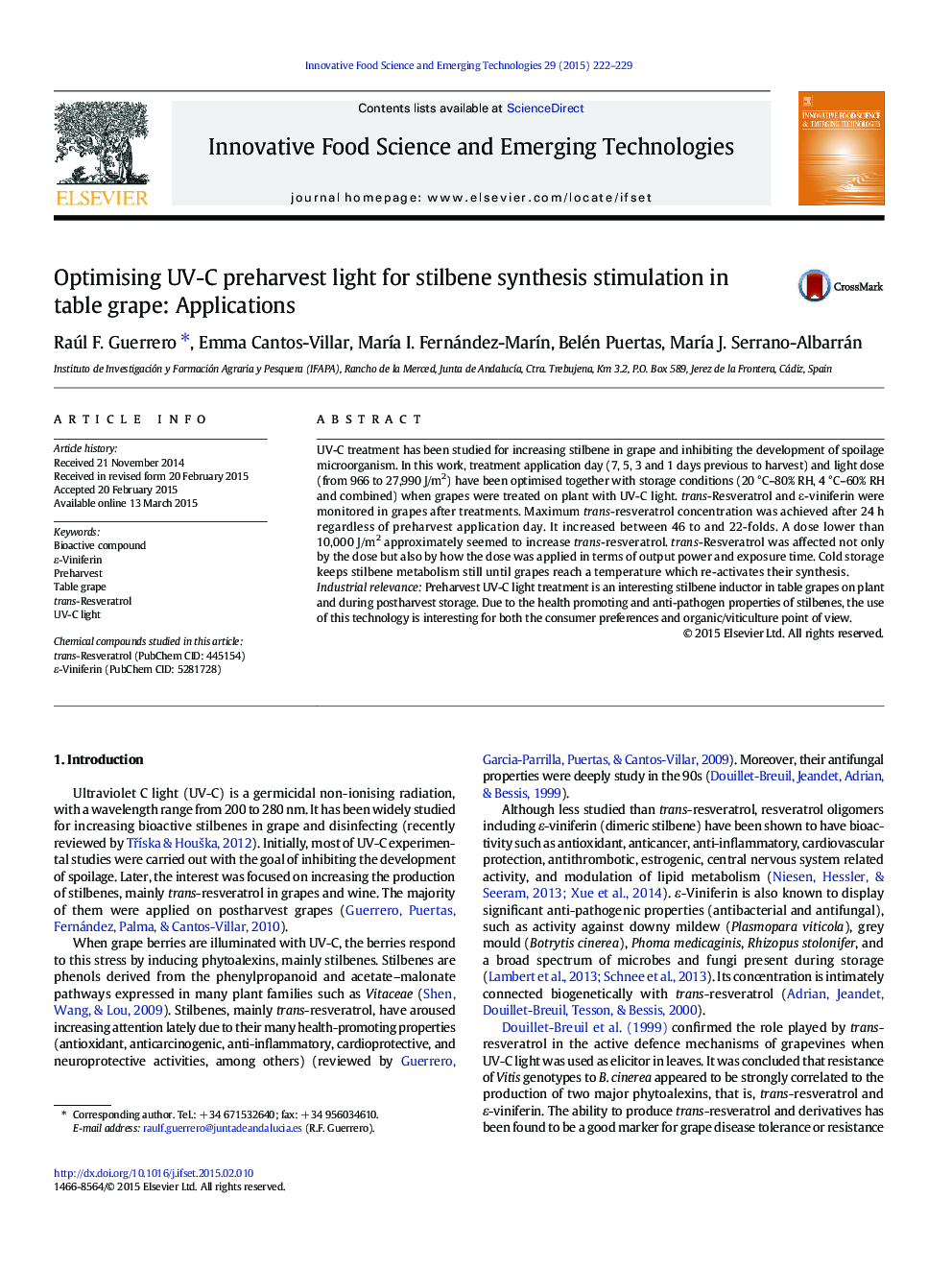 Optimising UV-C preharvest light for stilbene synthesis stimulation in table grape: Applications