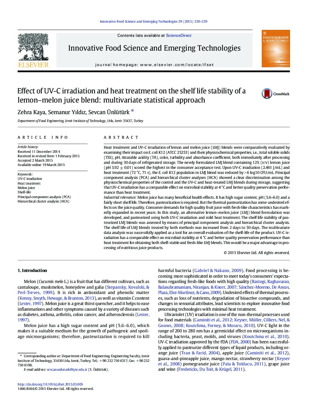 Effect of UV-C irradiation and heat treatment on the shelf life stability of a lemon–melon juice blend: multivariate statistical approach