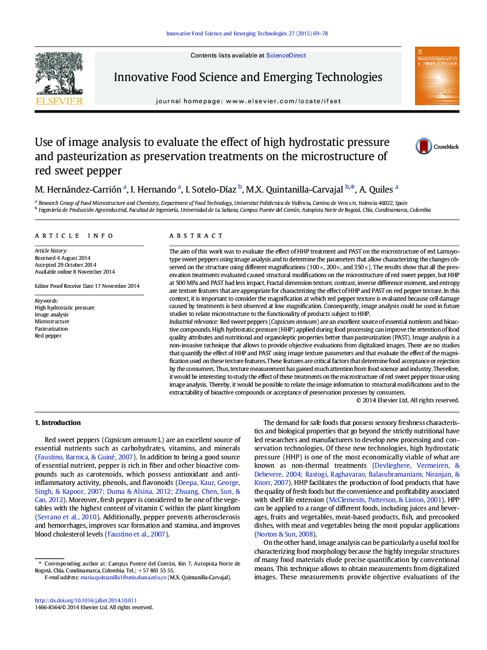 Use of image analysis to evaluate the effect of high hydrostatic pressure and pasteurization as preservation treatments on the microstructure of red sweet pepper
