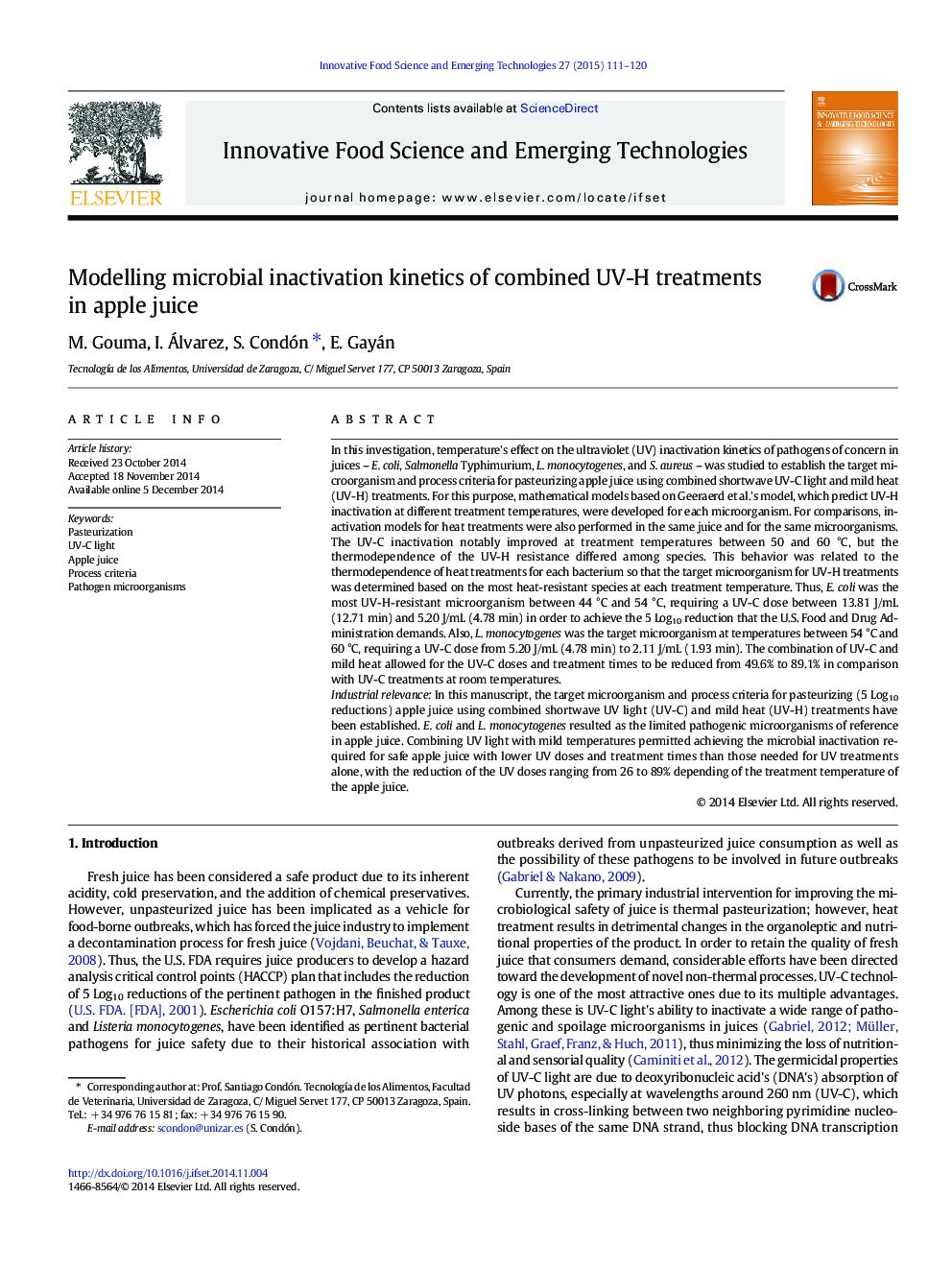 Modelling microbial inactivation kinetics of combined UV-H treatments in apple juice