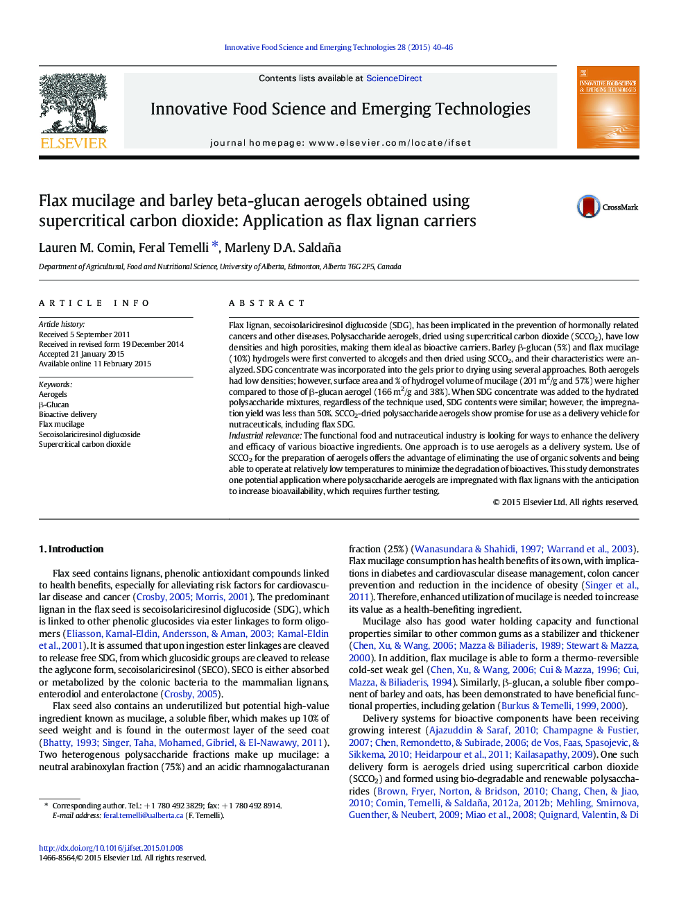 Flax mucilage and barley beta-glucan aerogels obtained using supercritical carbon dioxide: Application as flax lignan carriers