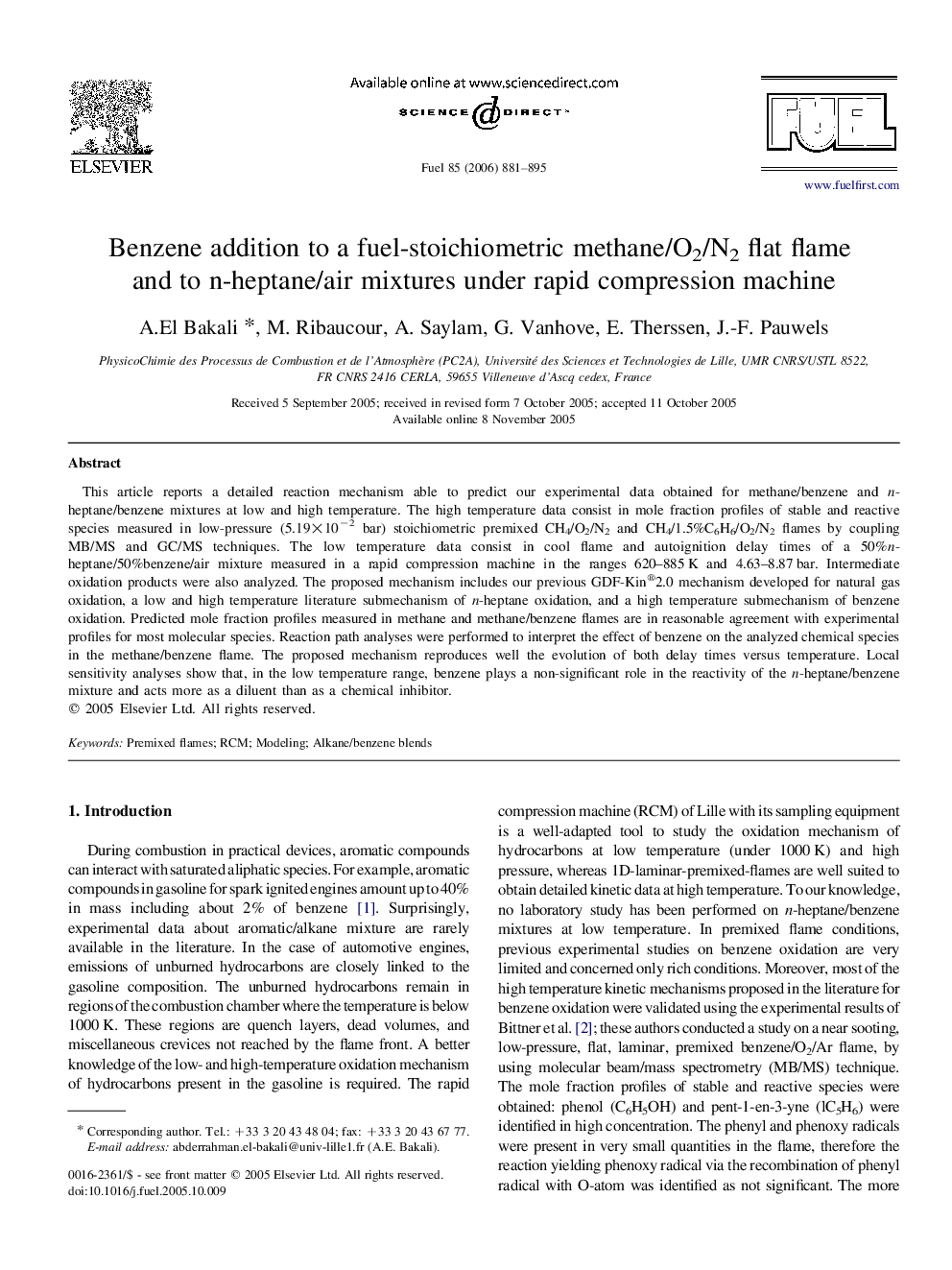 Benzene addition to a fuel-stoichiometric methane/O2/N2 flat flame and to n-heptane/air mixtures under rapid compression machine