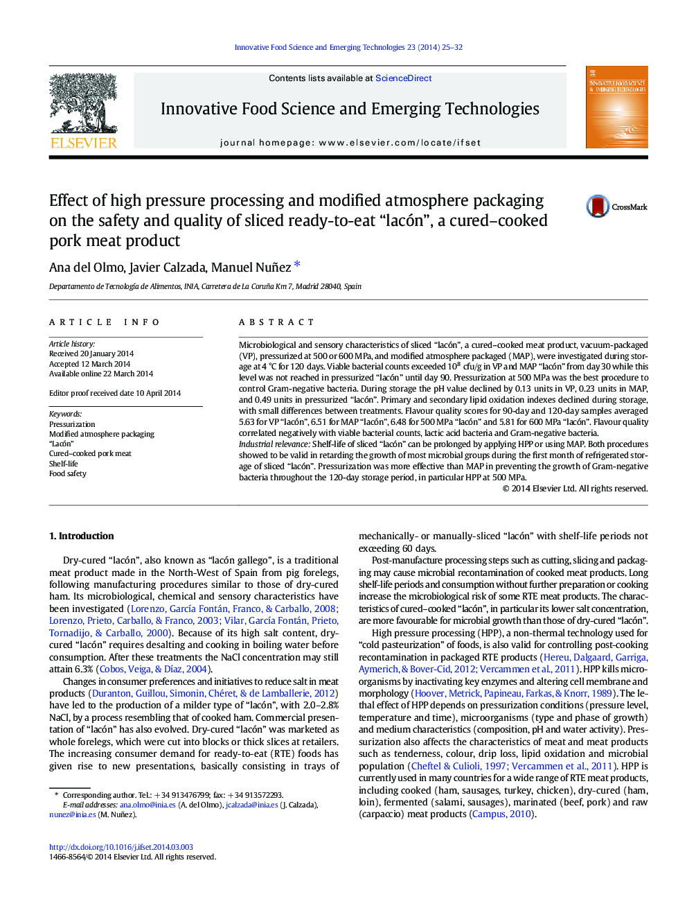 Effect of high pressure processing and modified atmosphere packaging on the safety and quality of sliced ready-to-eat “lacón”, a cured–cooked pork meat product