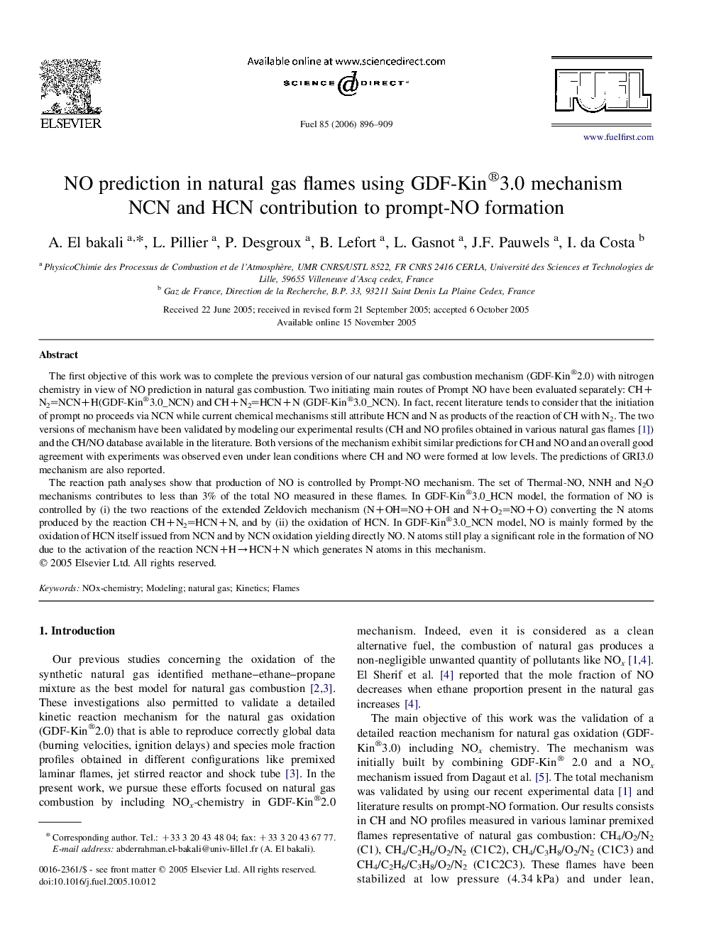 NO prediction in natural gas flames using GDF-Kin®3.0 mechanism NCN and HCN contribution to prompt-NO formation