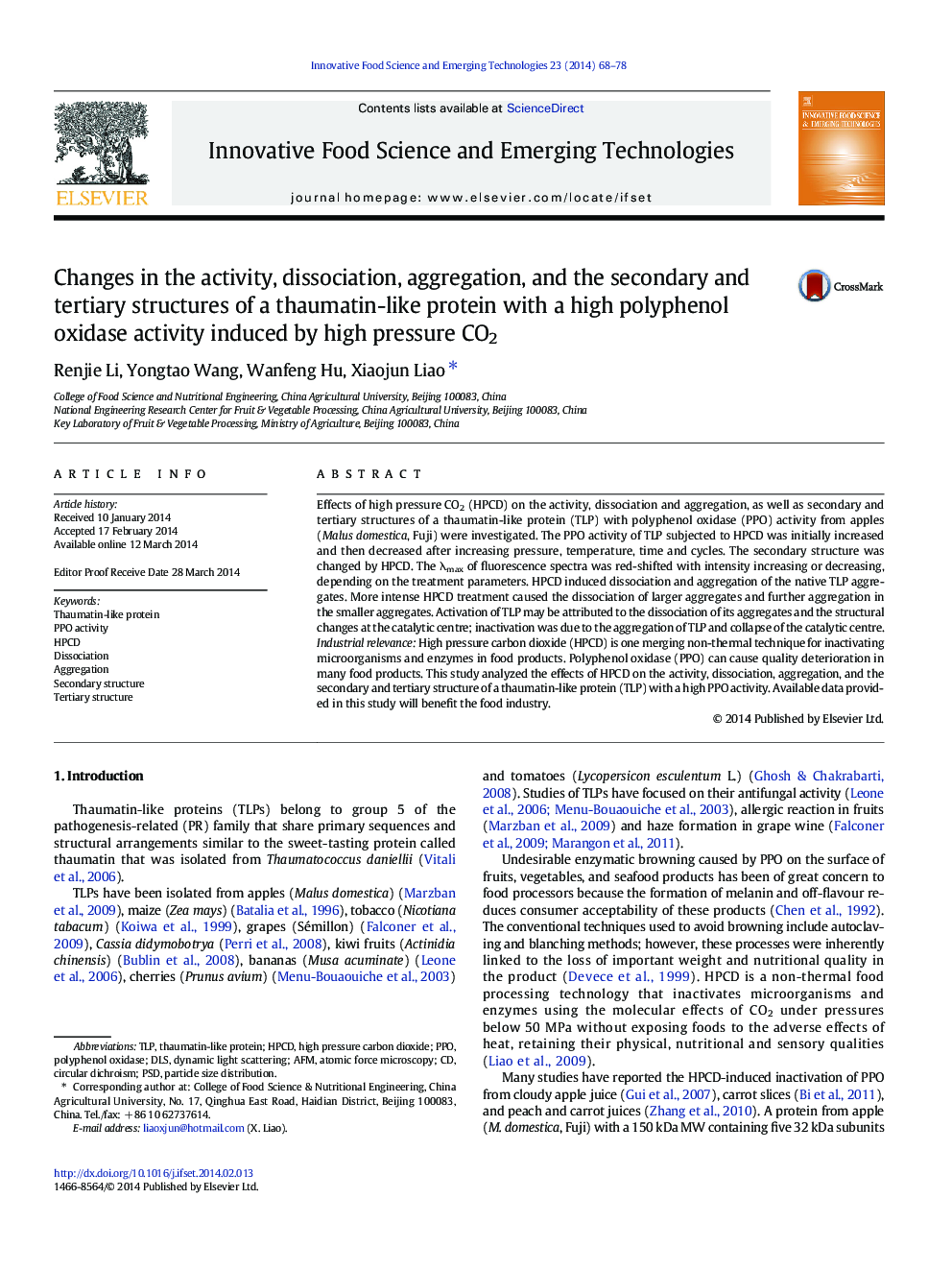 Changes in the activity, dissociation, aggregation, and the secondary and tertiary structures of a thaumatin-like protein with a high polyphenol oxidase activity induced by high pressure CO2