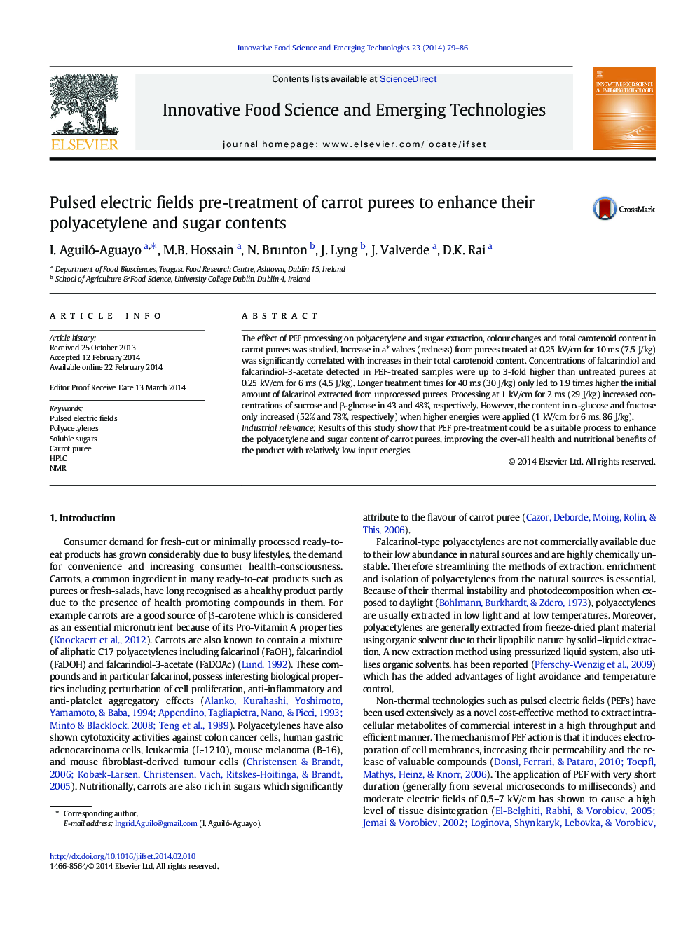 Pulsed electric fields pre-treatment of carrot purees to enhance their polyacetylene and sugar contents