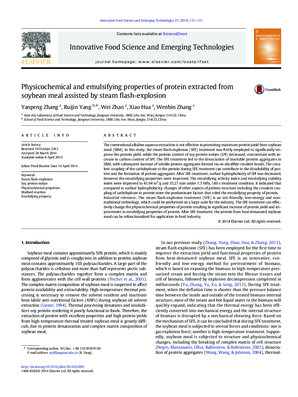 Physicochemical and emulsifying properties of protein extracted from soybean meal assisted by steam flash-explosion